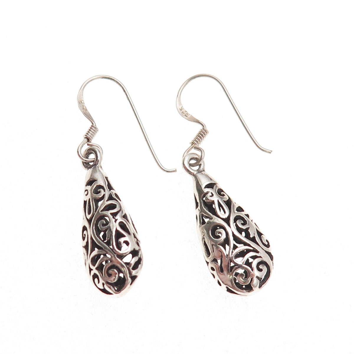 925 Sterling Silver Vintage Floral Scroll Teardrop Oxidized Dangle Earrings
