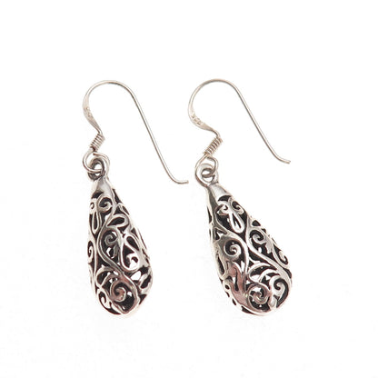 925 Sterling Silver Vintage Floral Scroll Teardrop Oxidized Dangle Earrings