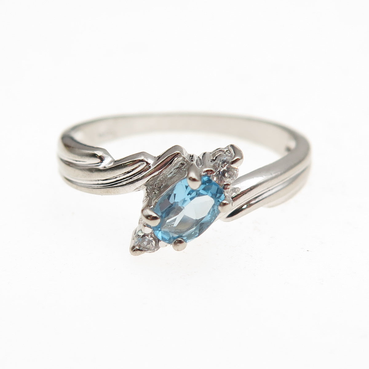 925 Sterling Silver Real Blue Topaz & C Z Bypass Ring Size 8.5