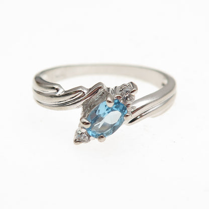925 Sterling Silver Real Blue Topaz & C Z Bypass Ring Size 8.5