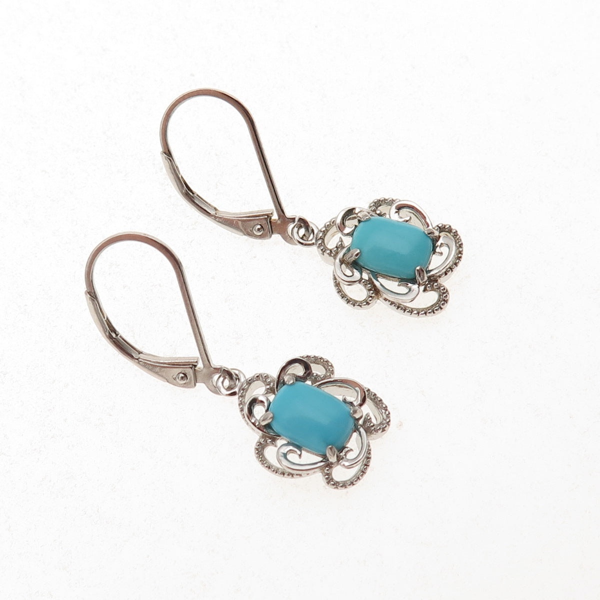 925 Sterling Silver Real Sleeping Beauty Turquoise Floral Dangle Earrings