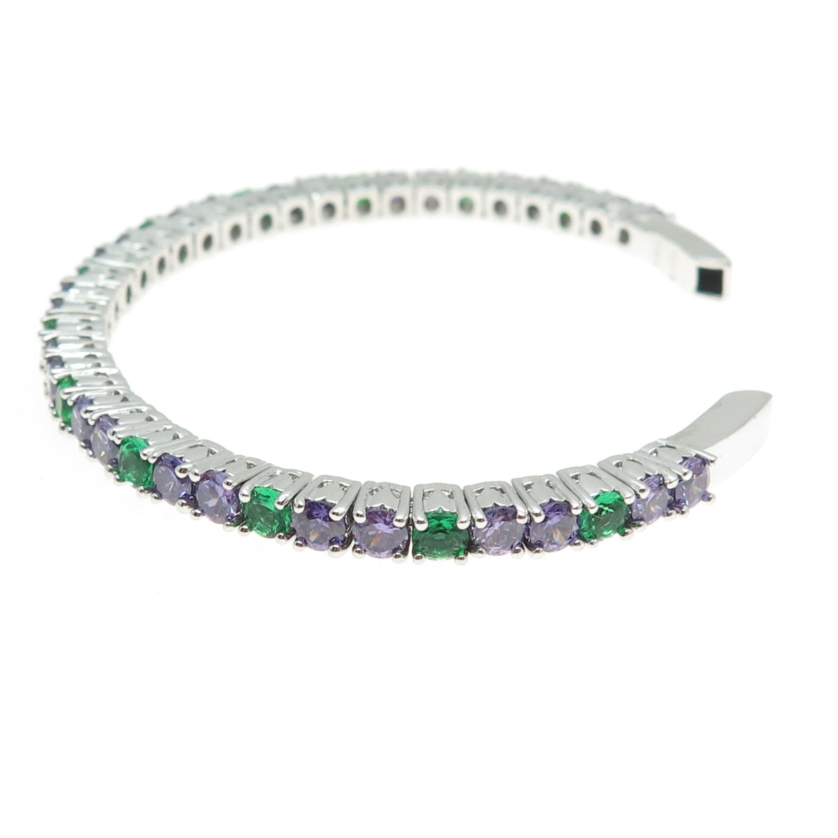 925 Sterling Silver Green & Purple C Z Adjustable Tennis Link Bracelet 6.75"