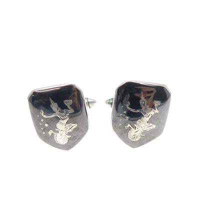 WILLY 925 Sterling Silver Antique Siam Niello Hindu Goddess Cufflinks