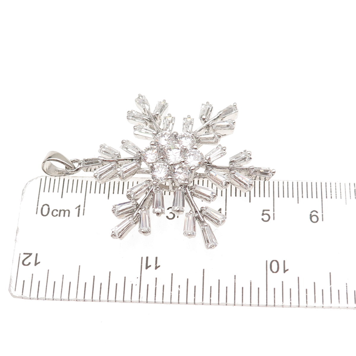 925 Sterling Silver Round & Tapered Baguette-Cut C Z Snowflake Charm Pendant