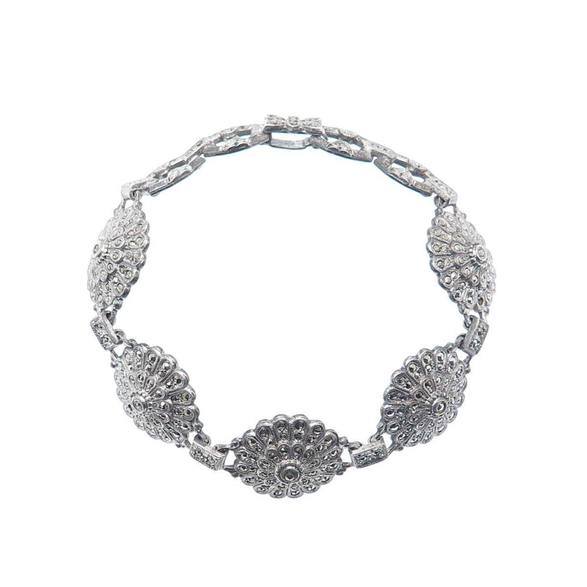 925 Sterling Silver Antique Real Marcasite Floral Bracelet 7" (missing 4 stones)