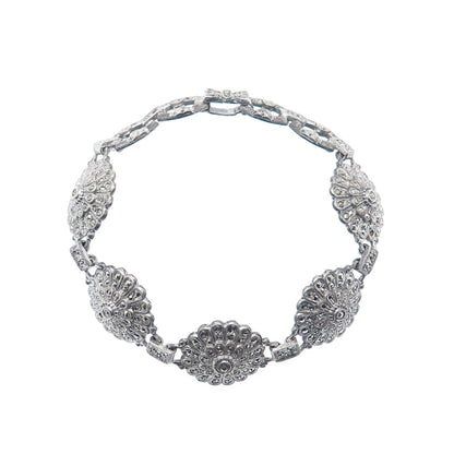 925 Sterling Silver Antique Real Marcasite Floral Bracelet 7" (missing 4 stones)
