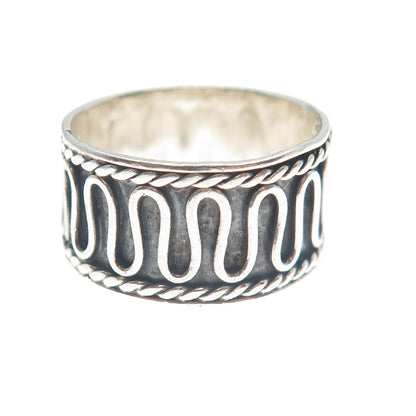 925 Sterling Silver Vintage Modernist Wavy Zig Zag Oxidized Ring Size 7