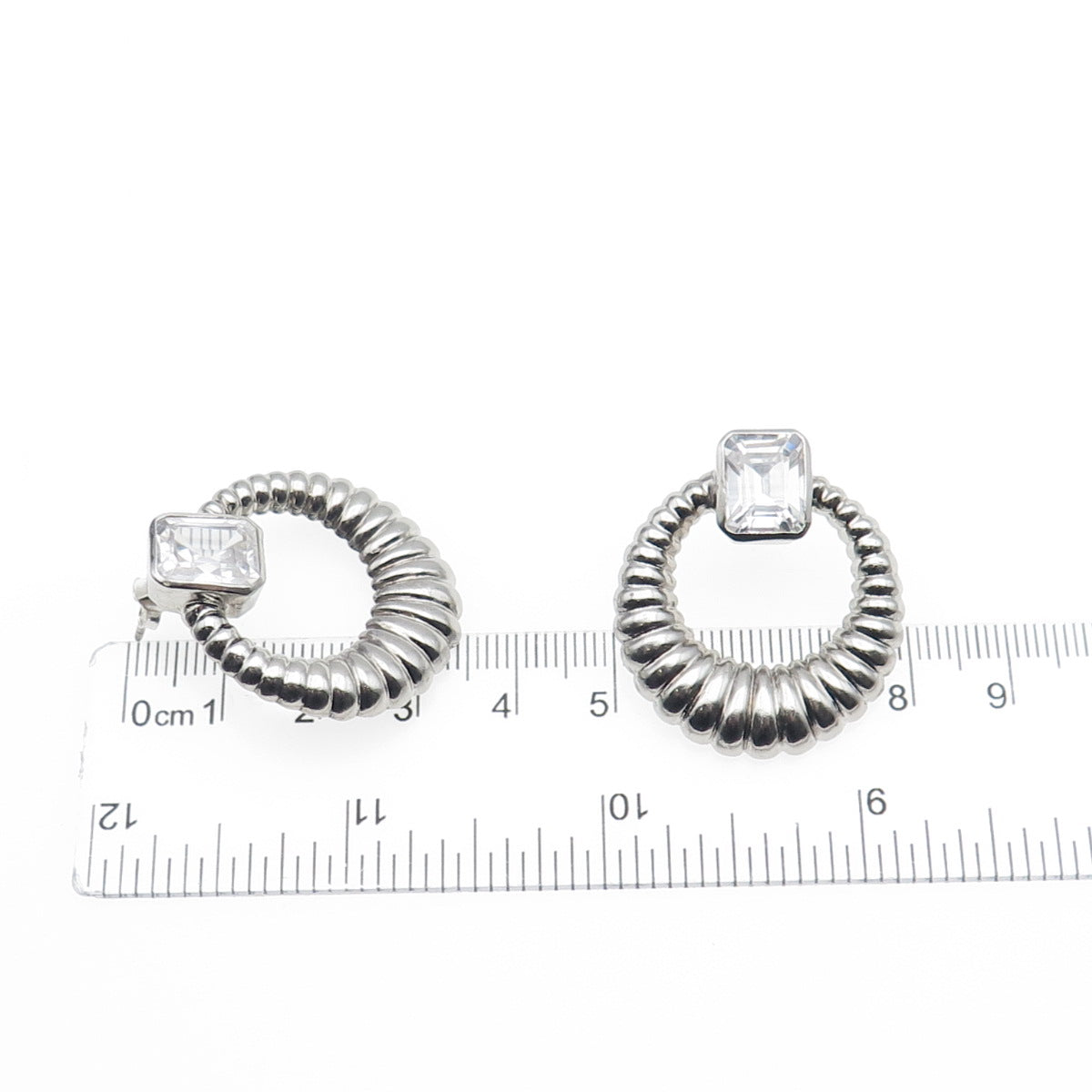 925 Sterling Silver Vintage Emerald-Cut C Z Door Knocker Oxidized Earrings