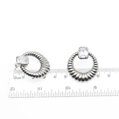 925 Sterling Silver Vintage Emerald-Cut C Z Door Knocker Oxidized Earrings