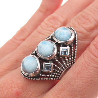 925 Sterling Silver Vintage Real Larimar & Blue Topaz Oxidized Ring Size 8