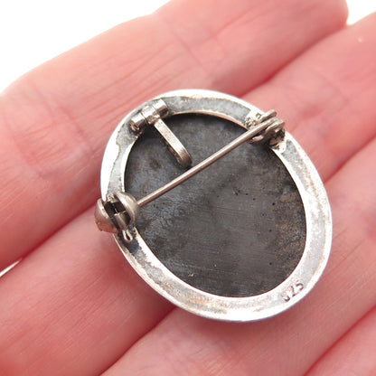 925 Sterling 2-Tone Vintage Real Abalone Shell Lady Cameo Pin Brooch / Pendant