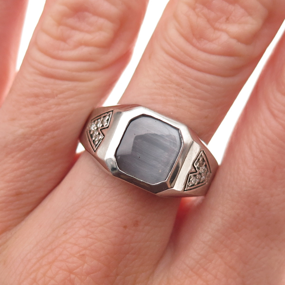 Dason 925 Sterling Silver Vintage Real Diamond & Cat's Eye Ring Size 10.75