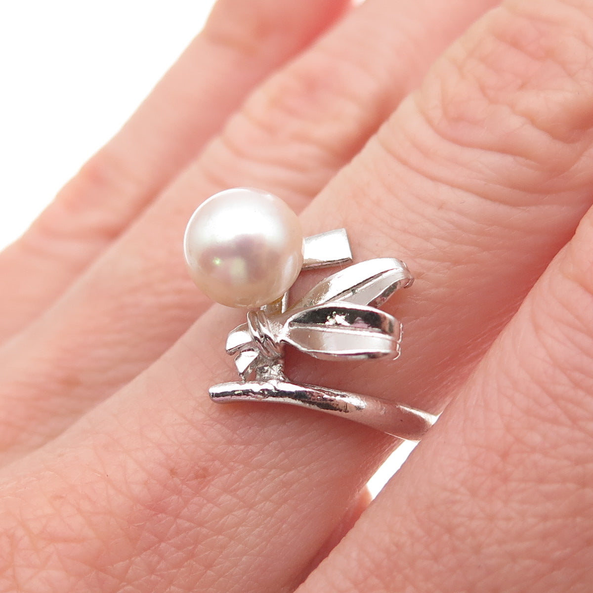 925 Sterling Silver Antique Art Deco Real Akoya Pearl Floral Ring Size 6.75