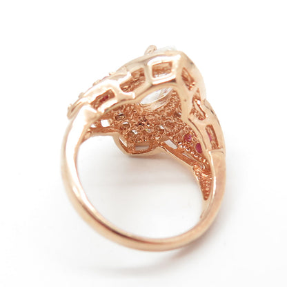925 Sterling Silver Rose Gold Plated Real Ruby & C Z Bohemian Ring Size 6