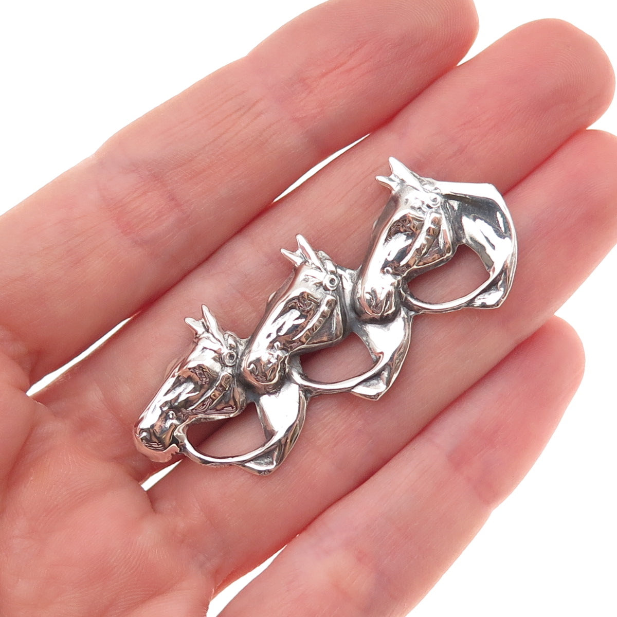 925 Sterling Silver Antique Art Deco Three Horses Oxidized Pin Brooch