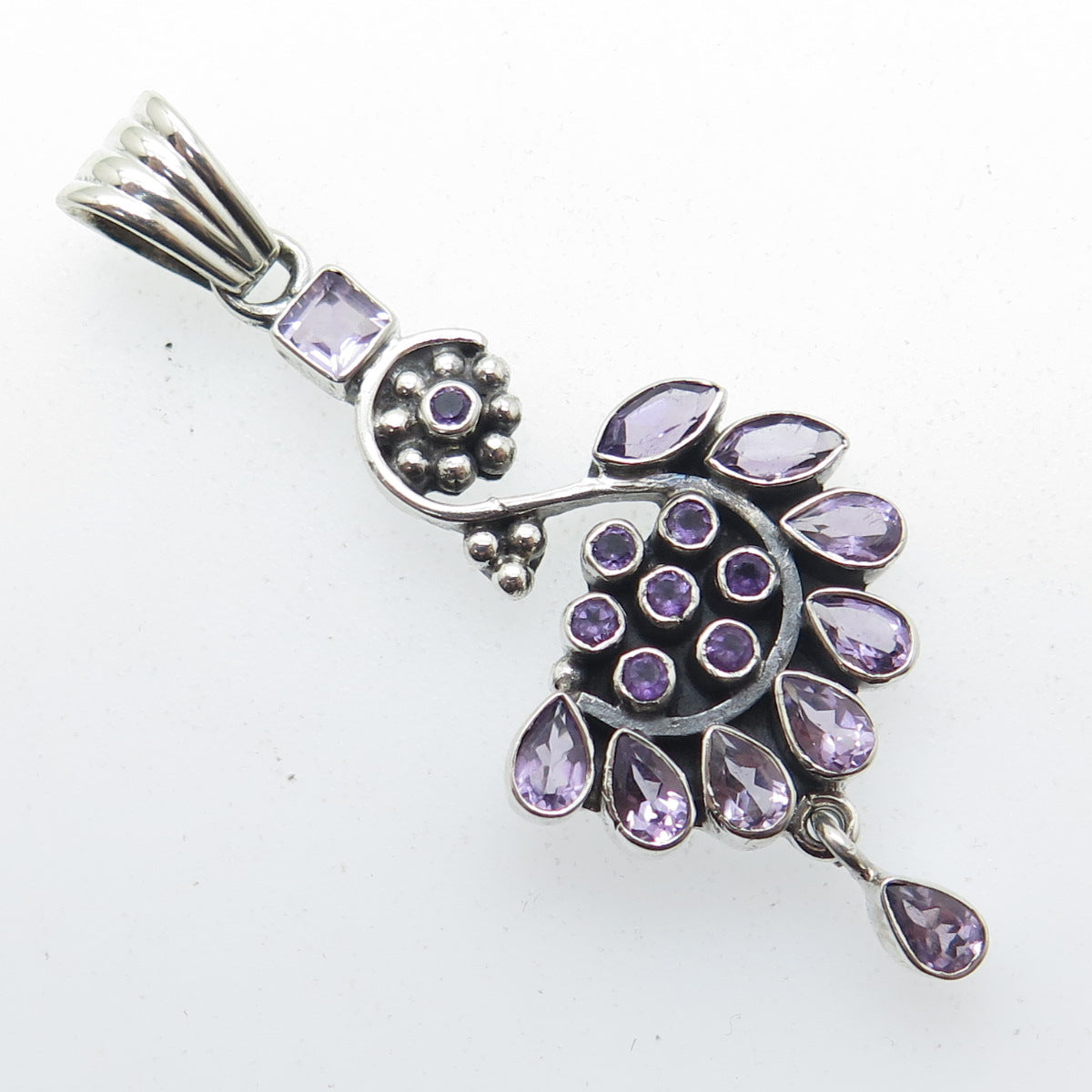 925 Sterling Silver Vintage Real Multi-Cut Amethyst Oxidized Pendant