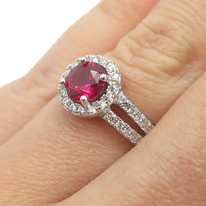 925 Sterling Silver Round-Cut Lab-Created Ruby & C Z Engagement Ring Size 5.25