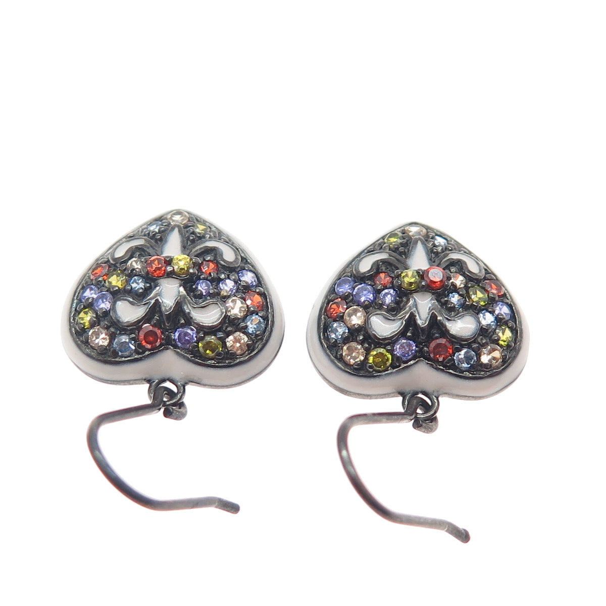 925 Sterling Silver Black Rhodium Enamel Multi-Color C Z Heart Dangle Earrings