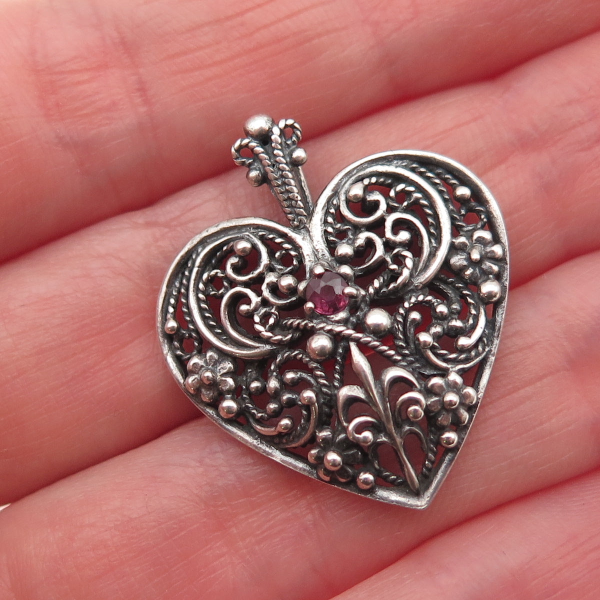 Franklin Mint 925 Sterling Vintage 1983 Real Ruby Heart Oxidized Charm Pendant