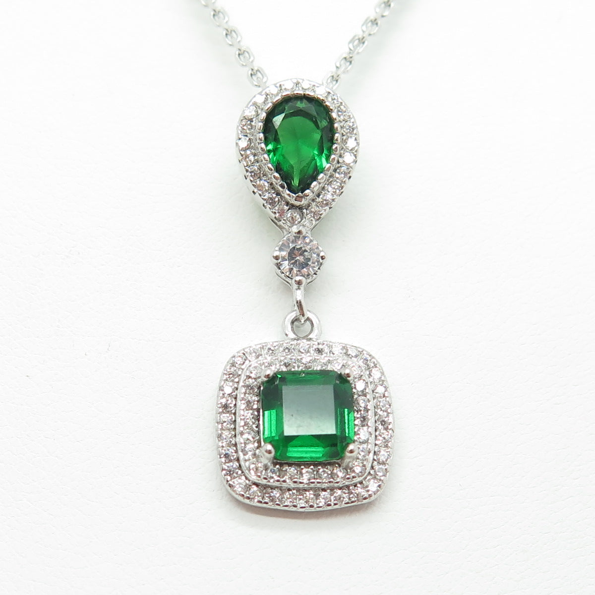 925 Sterling Silver Multi-Cut Green & White C Z Cable Chain Necklace 16"