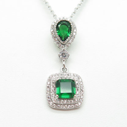 925 Sterling Silver Multi-Cut Green & White C Z Cable Chain Necklace 16"