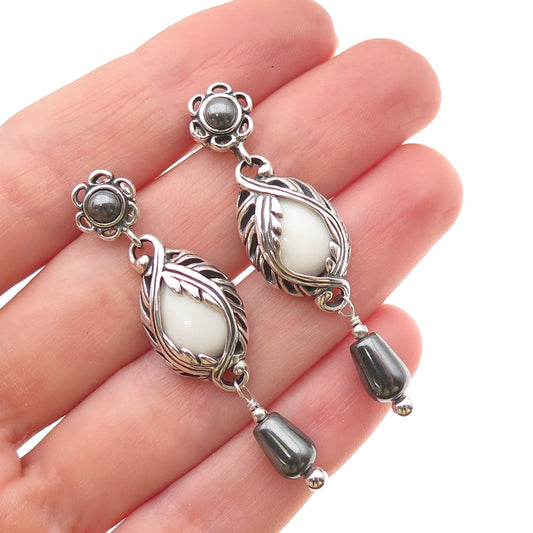 Carolyn Pollack Sterling Silver Vintage Real White Onyx Hematite Floral Earrings