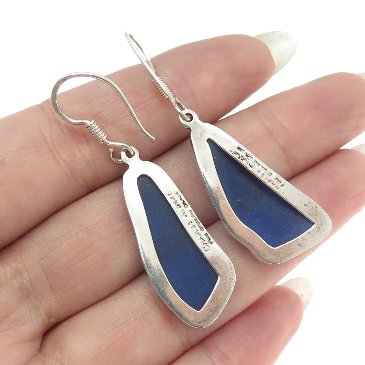 CHARLES ALBERT 925 Sterling Silver Vintage Blue Enamel Dangle Hook Earrings