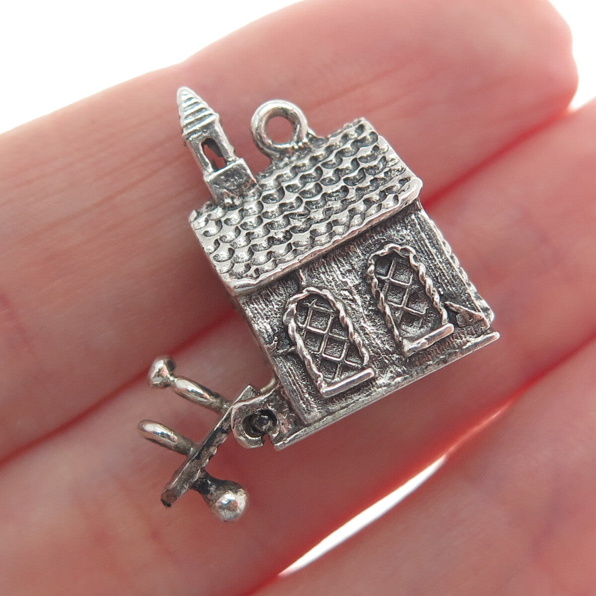 DANECRAFT Sterling Antique Church Opens With Wedding Rings Mini 3D Charm Pendant