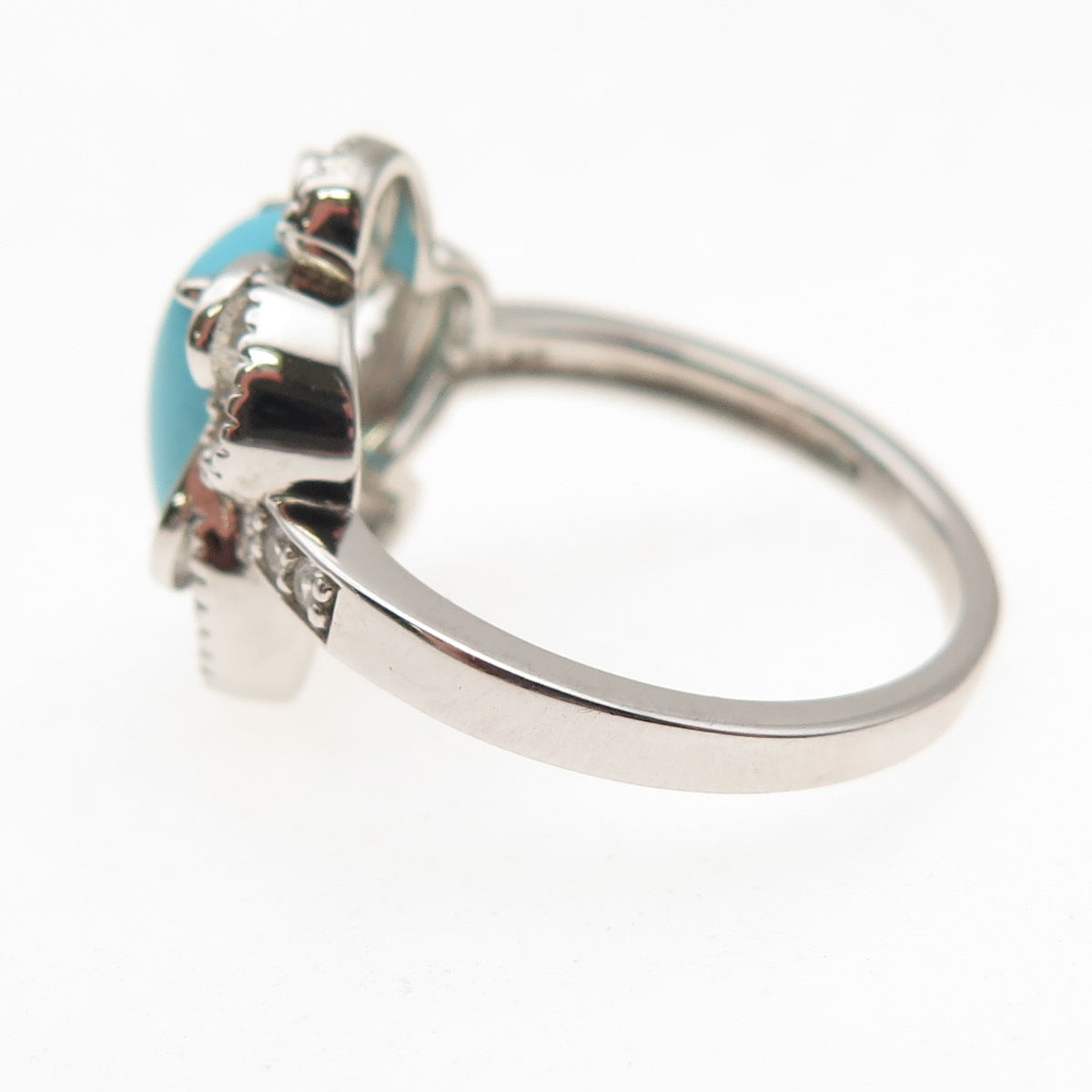 925 Sterling Silver Real Turquoise & White Topaz Floral Ring Size 8