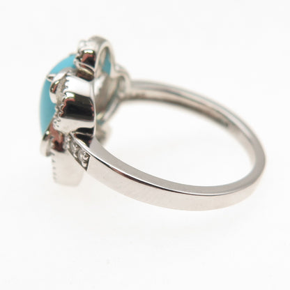 925 Sterling Silver Real Turquoise & White Topaz Floral Ring Size 8