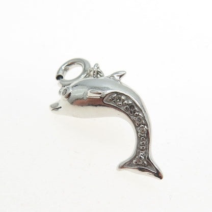 925 Sterling Silver Real Round-Cut Diamond Dolphin Spring Ring Lock Pendant