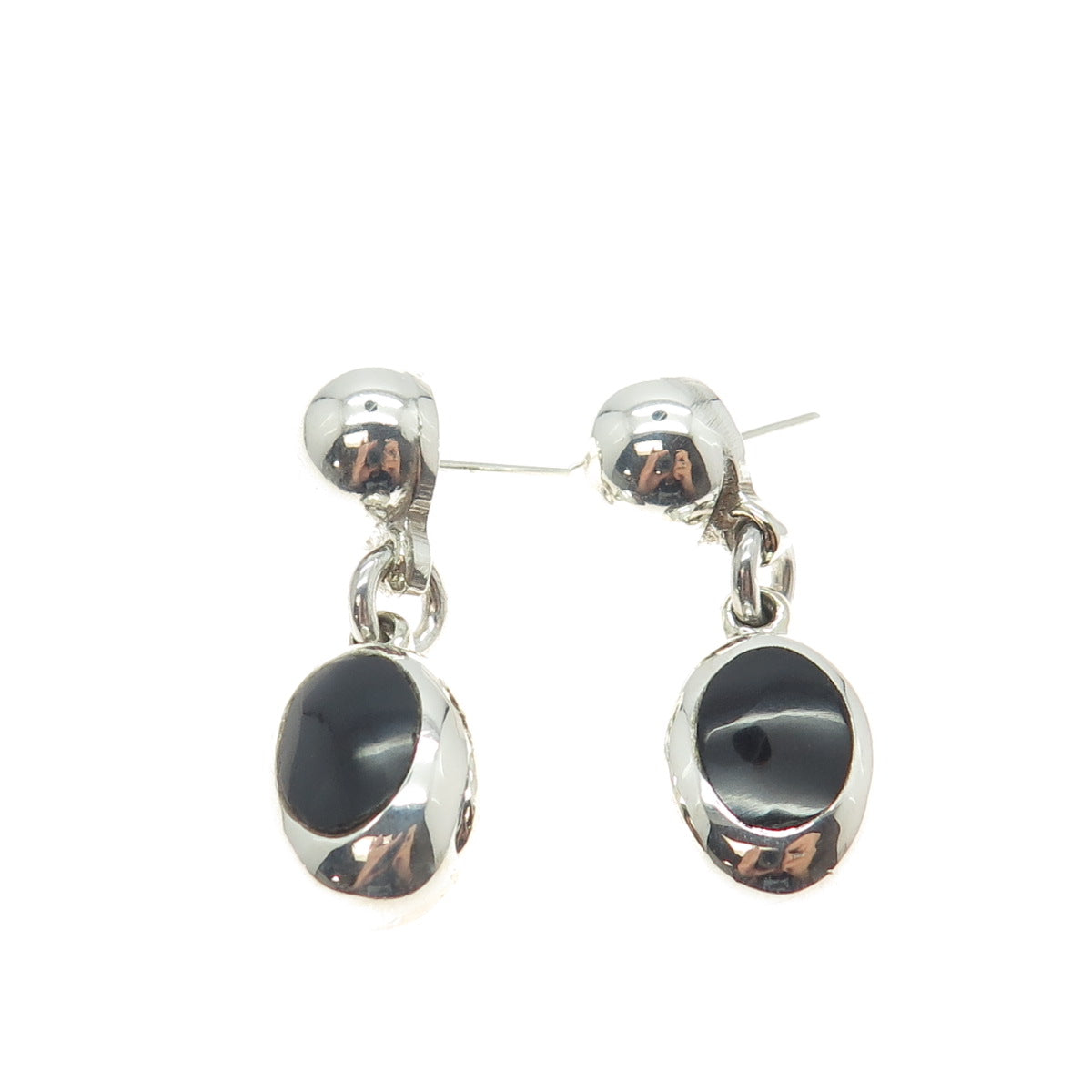 925 Sterling Silver Vintage Mexico Real Black Onyx Gemstone Dangling Earrings