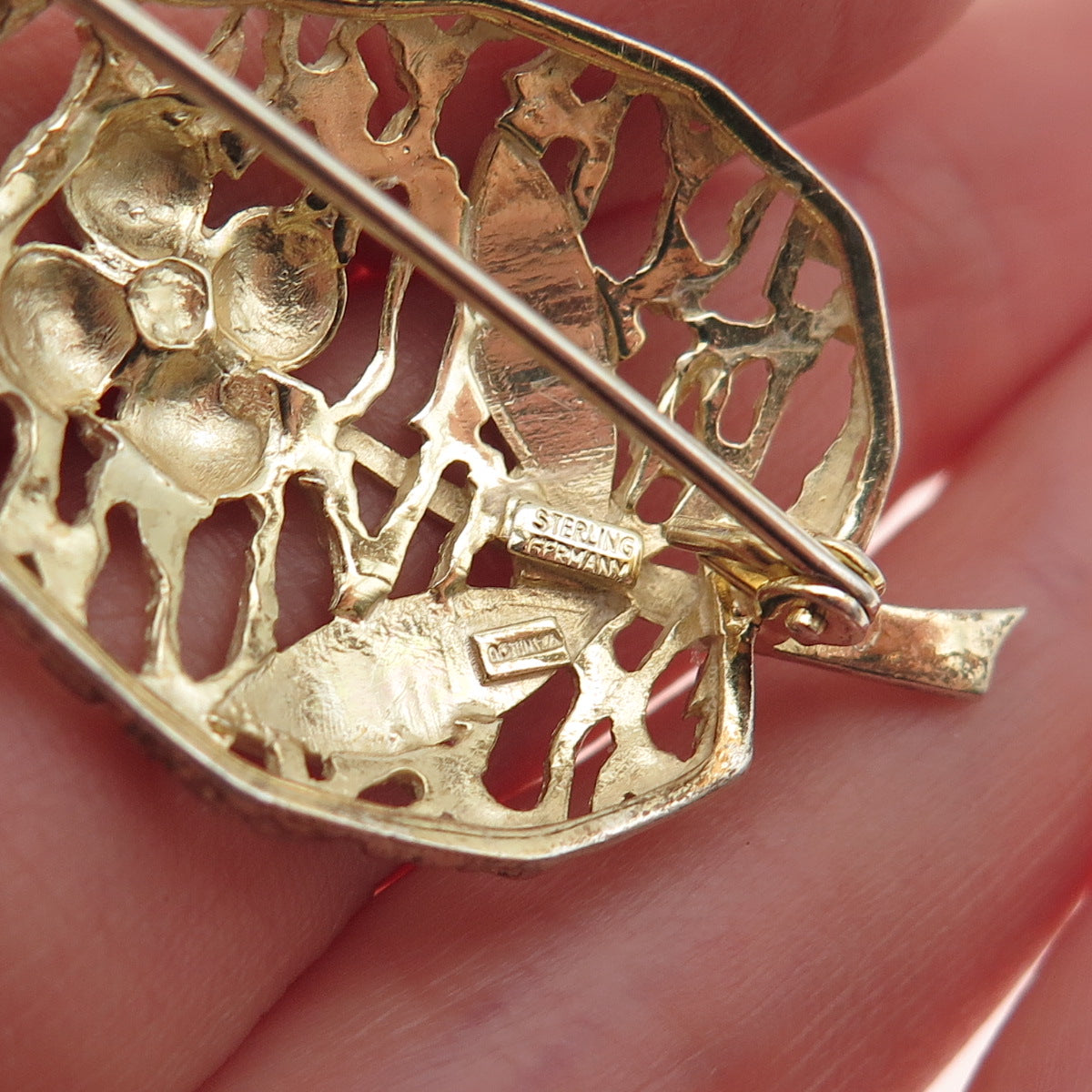 Van Lou 925 Sterling Silver 2-Tone Vintage Germany Floral Pin Brooch