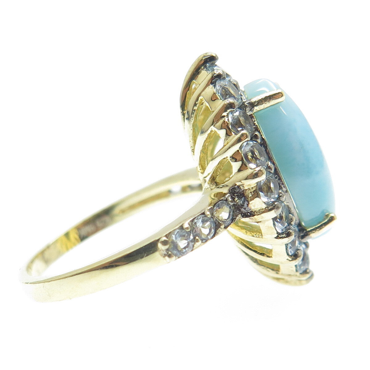 925 Sterling Silver Gold Plated Marquise-Cut Larimar Blue Topaz Gem Ring Size 5