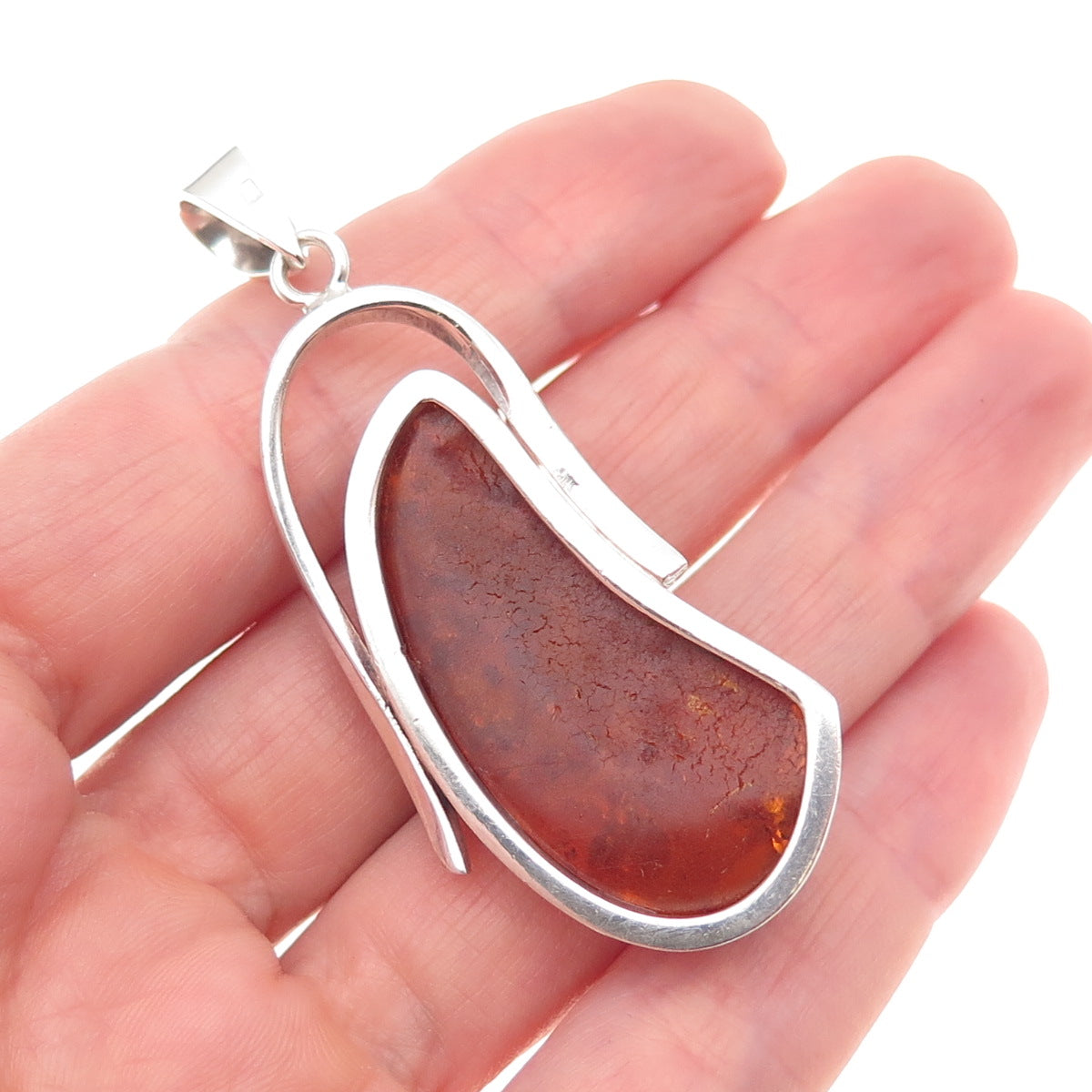 925 Sterling Silver Vintage Real Amber Modernist Charm Pendant