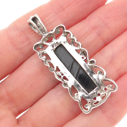 925 Sterling Silver Vintage Real Black Onyx Ornate Oxidized Pendant