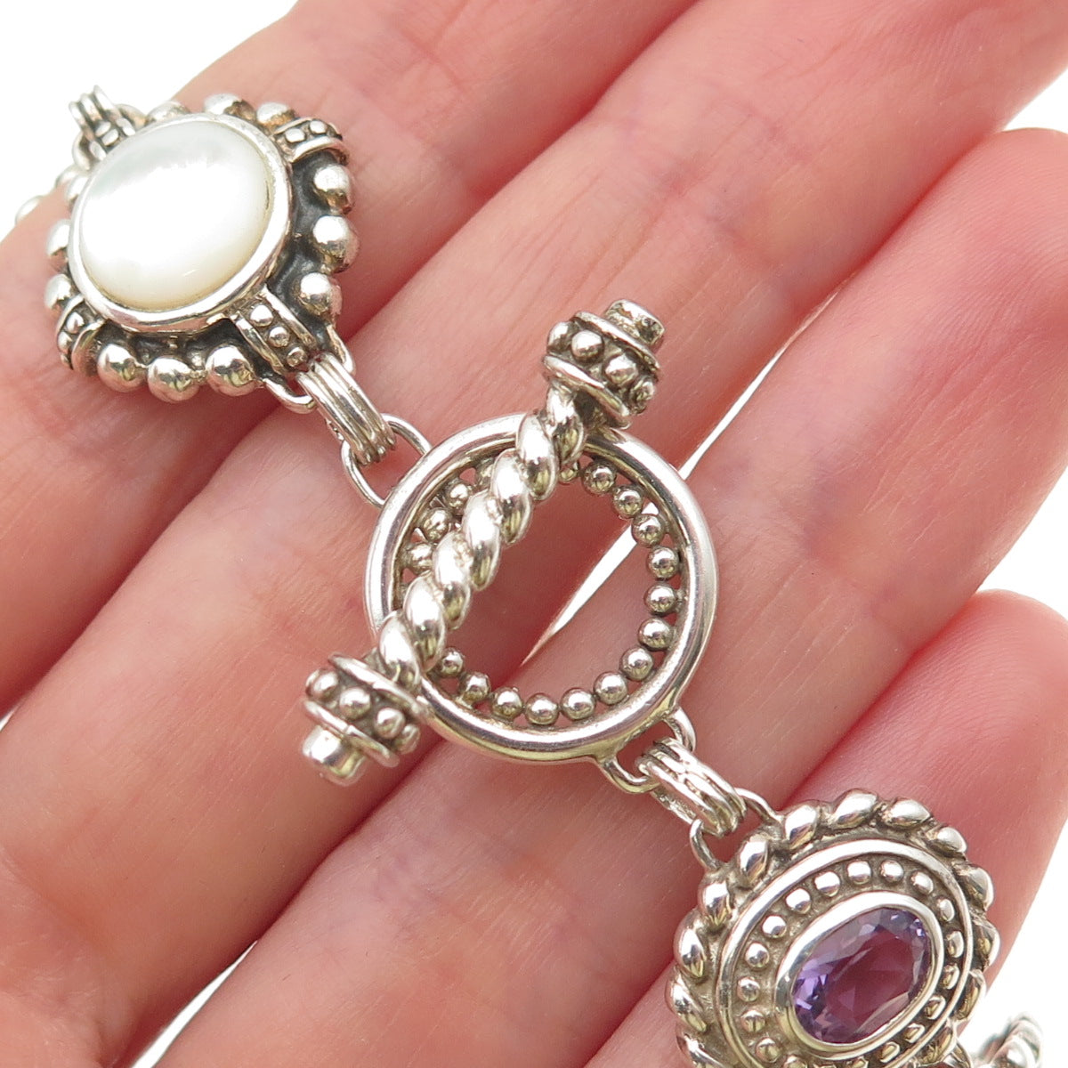 925 Sterling Silver Vintage Real MOP Amethyst & Blue Topaz Bracelet 7.75"