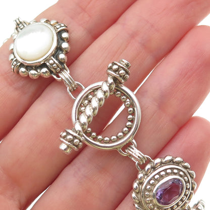 925 Sterling Silver Vintage Real MOP Amethyst & Blue Topaz Bracelet 7.75"