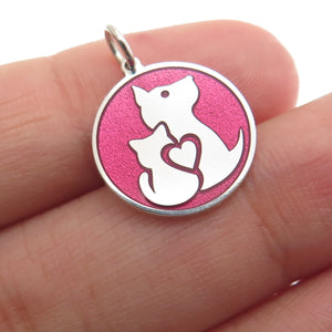 925 Sterling Silver Pink Enamel Cat & Dog Friendship Minimalist Charm Pendant