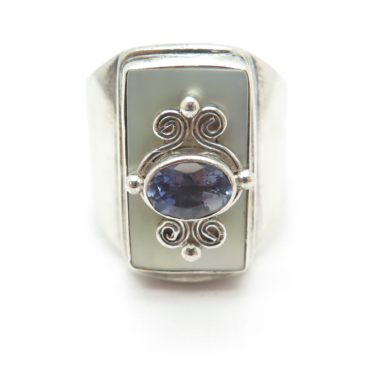 SAJEN 925 Sterling Silver Vintage Real Iolite MOP Swirl Adjustable Ring Size 6.5