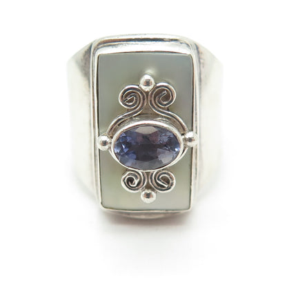 SAJEN 925 Sterling Silver Vintage Real Iolite MOP Swirl Adjustable Ring Size 6.5