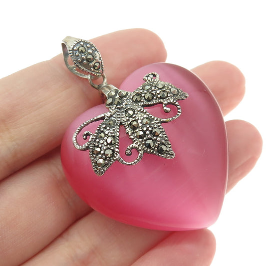 925 Sterling Vintage Pink Fiber Optic Cat's Eye Heart & Marcasite Gem Pendant