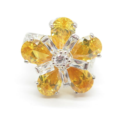 925 Sterling Silver White & Canary C Z Flower Ring Size 7