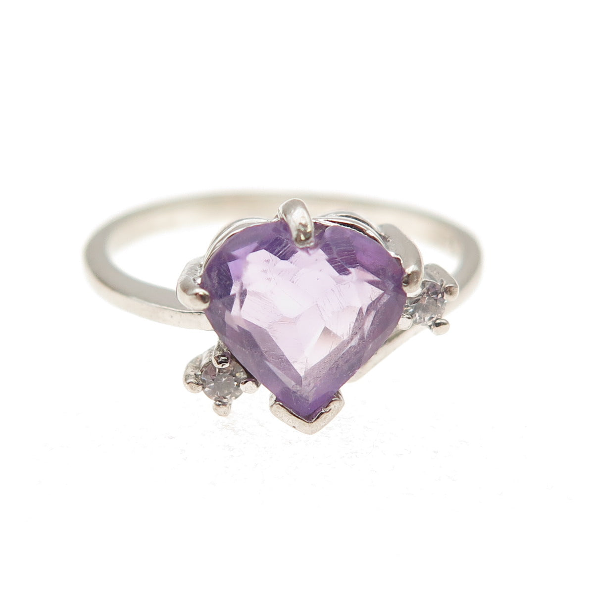 925 Sterling Silver Vintage Real Amethyst & C Z Heart Ring Size 6