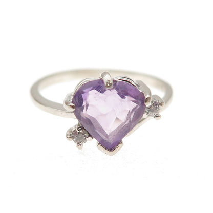 925 Sterling Silver Vintage Real Amethyst & C Z Heart Ring Size 6