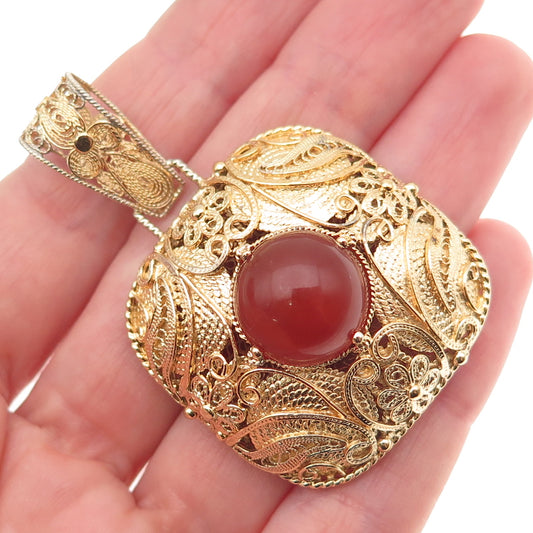 Yoel Deil Sterling Silver Gold Plated Vintage Real Carnelian Filigree Pendant
