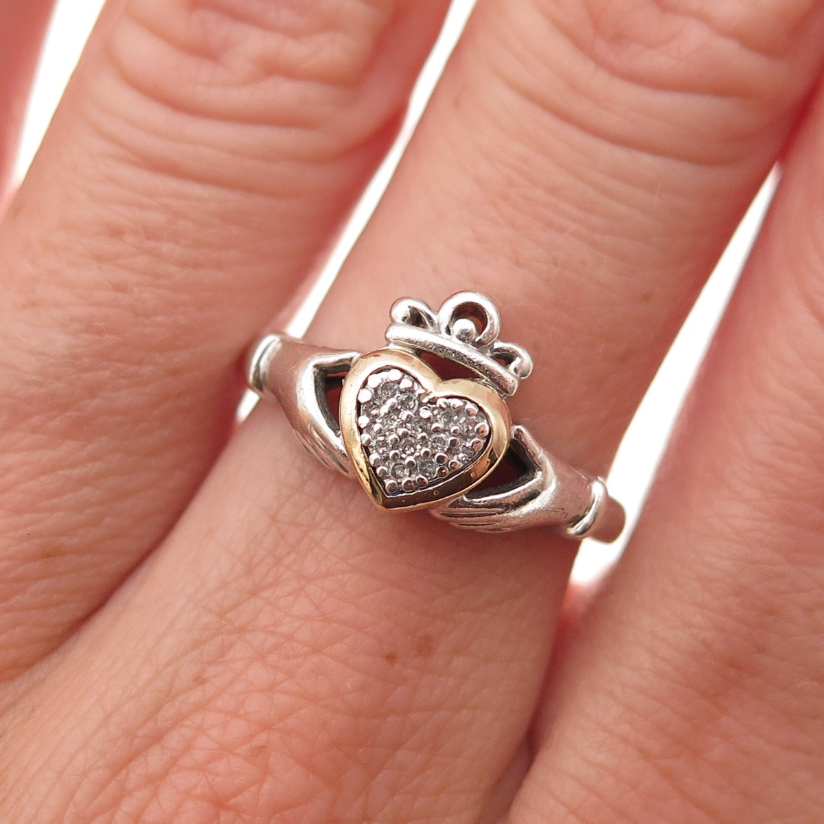 Alwand Vahan Sterling Silver 14K Gold Real Diamond Irish Claddagh Ring Size 7