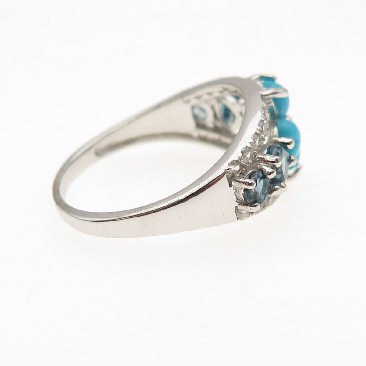 925 Sterling Silver Real Turquoise London Blue & White Topaz Ring Size 8.25