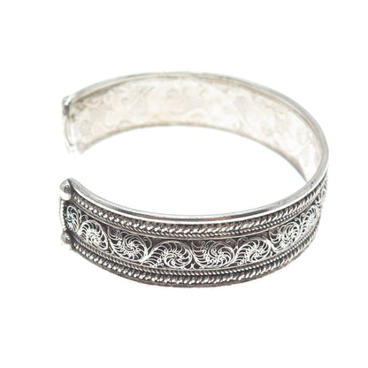 925 Sterling Silver Vintage Floral Filigree Oxidized Adjustable Bracelet 7.5"