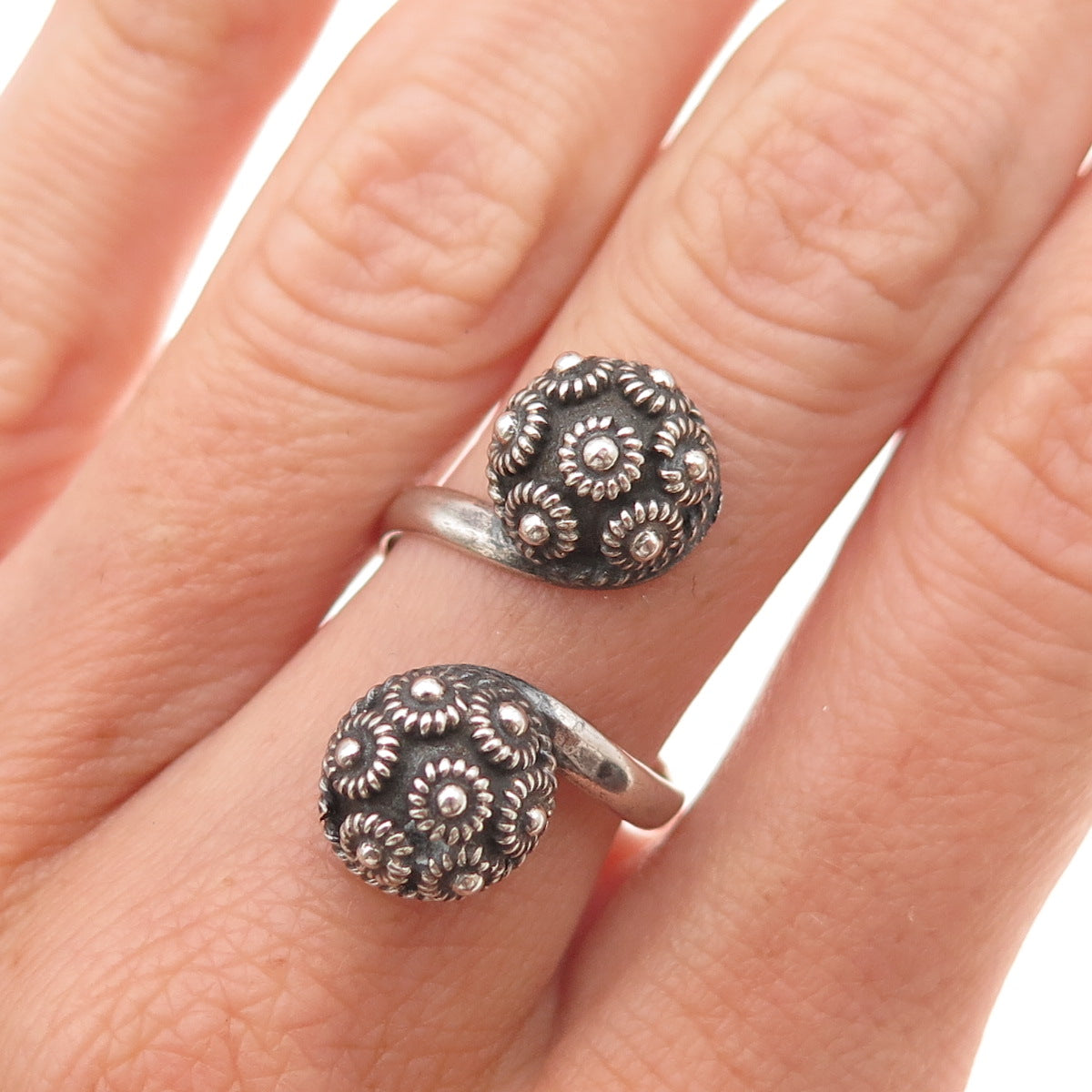 925 Sterling Silver Vintage Mexico Cannetille Adjustable Ring Size 8.25